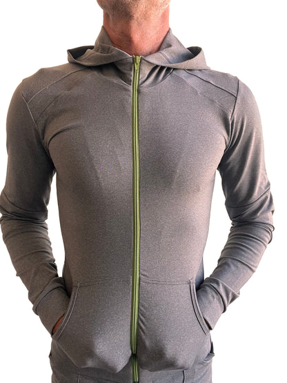 Performance premium form-fit crossover yoga track hoodie in dark gray heather with lime green zipper and front pockets