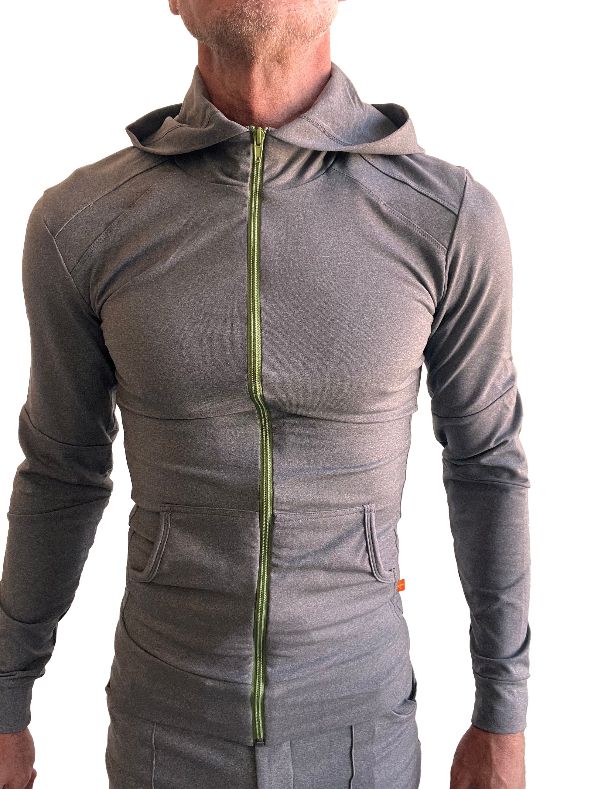 Dark gray heather performance premium form-fit crossover yoga track hoodie with neon green zipper and subtle seam detailing