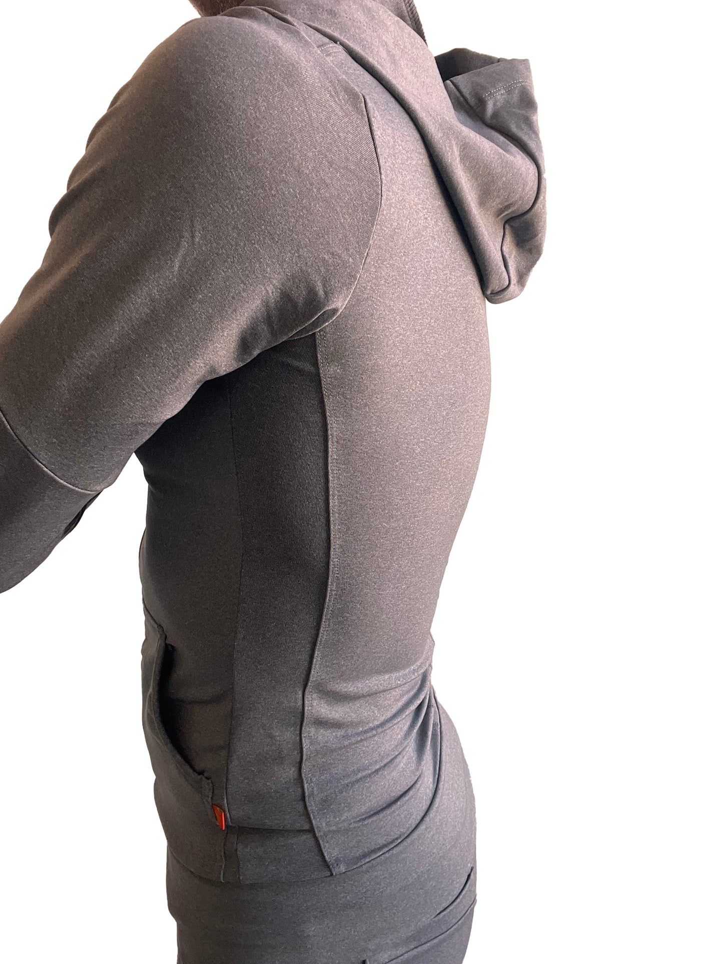 A sleek dark gray heather performance premium form-fit crossover yoga track hoodie with subtle side seam detailing