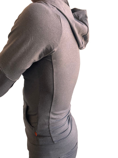 A sleek dark gray heather performance premium form-fit crossover yoga track hoodie with subtle side seam detailing