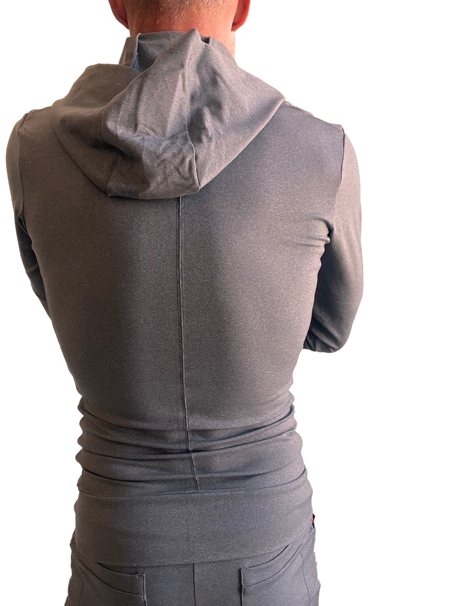 Back view of a dark gray heather performance premium sleeveless yoga top with fitted ribbed back and seam detailing