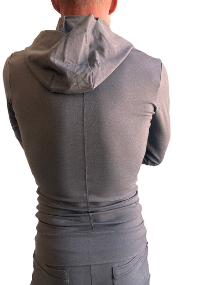 Back view of a dark gray heather performance premium sleeveless yoga top with fitted ribbed back and seam detailing