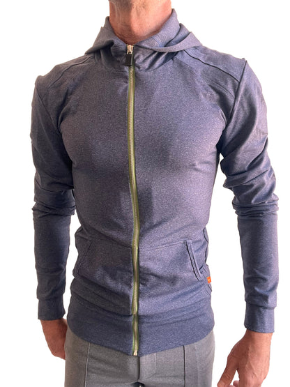 Performance premium form-fit crossover yoga track hoodie navy blue heather with gold zipper and orange branding on pocket