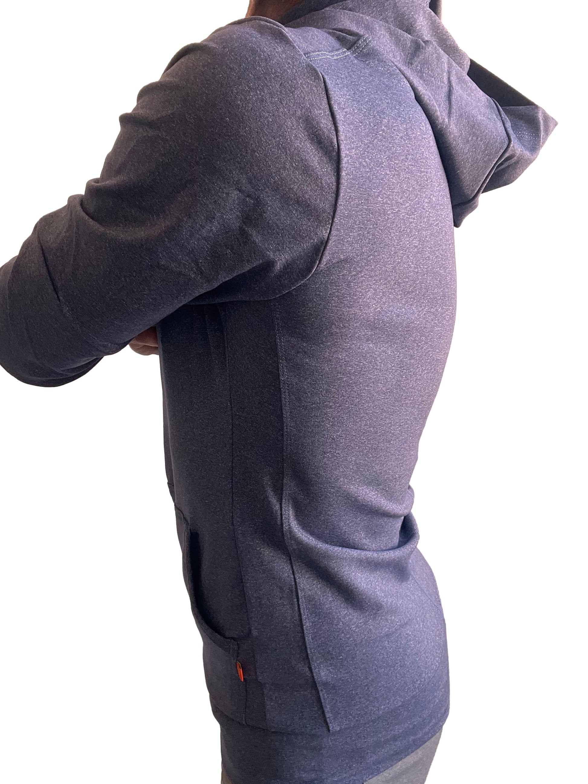 Performance premium form fit crossover yoga track hoodie in navy blue heather with textured fabric and side pockets