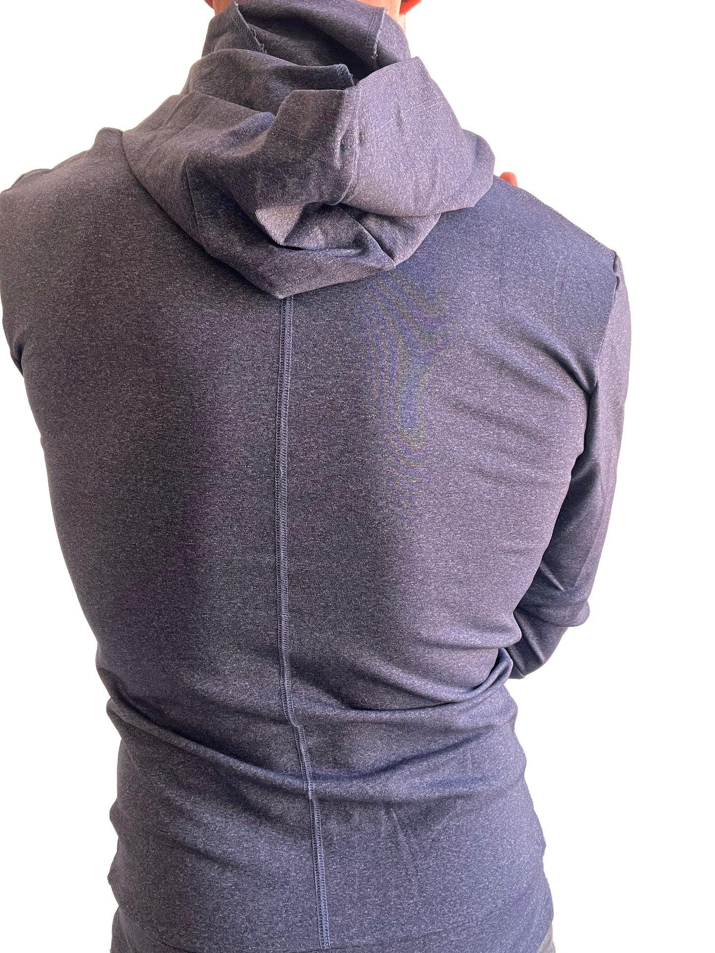 Performance premium form-fit crossover yoga track hoodie in navy blue heather with soft textured fabric and relaxed fit