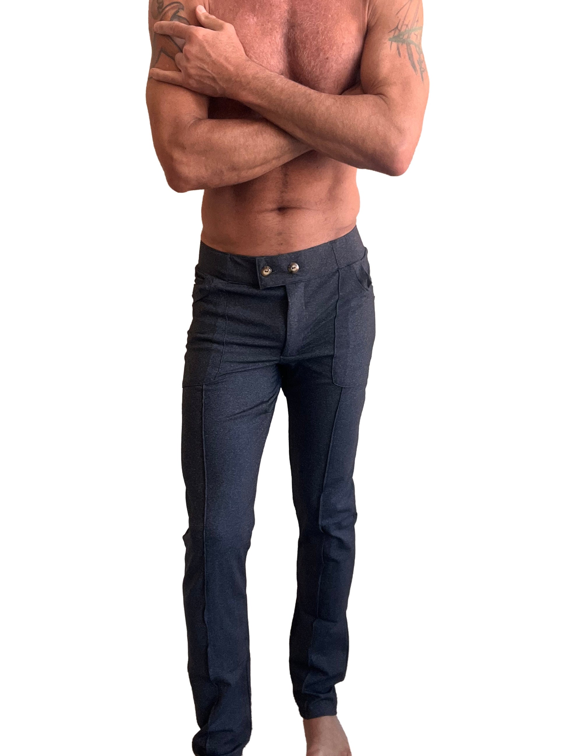 Dark blue tailored fit denim pants with buttoned waistband from performance premium tactical urban dress pant yoga pant charcoal heather