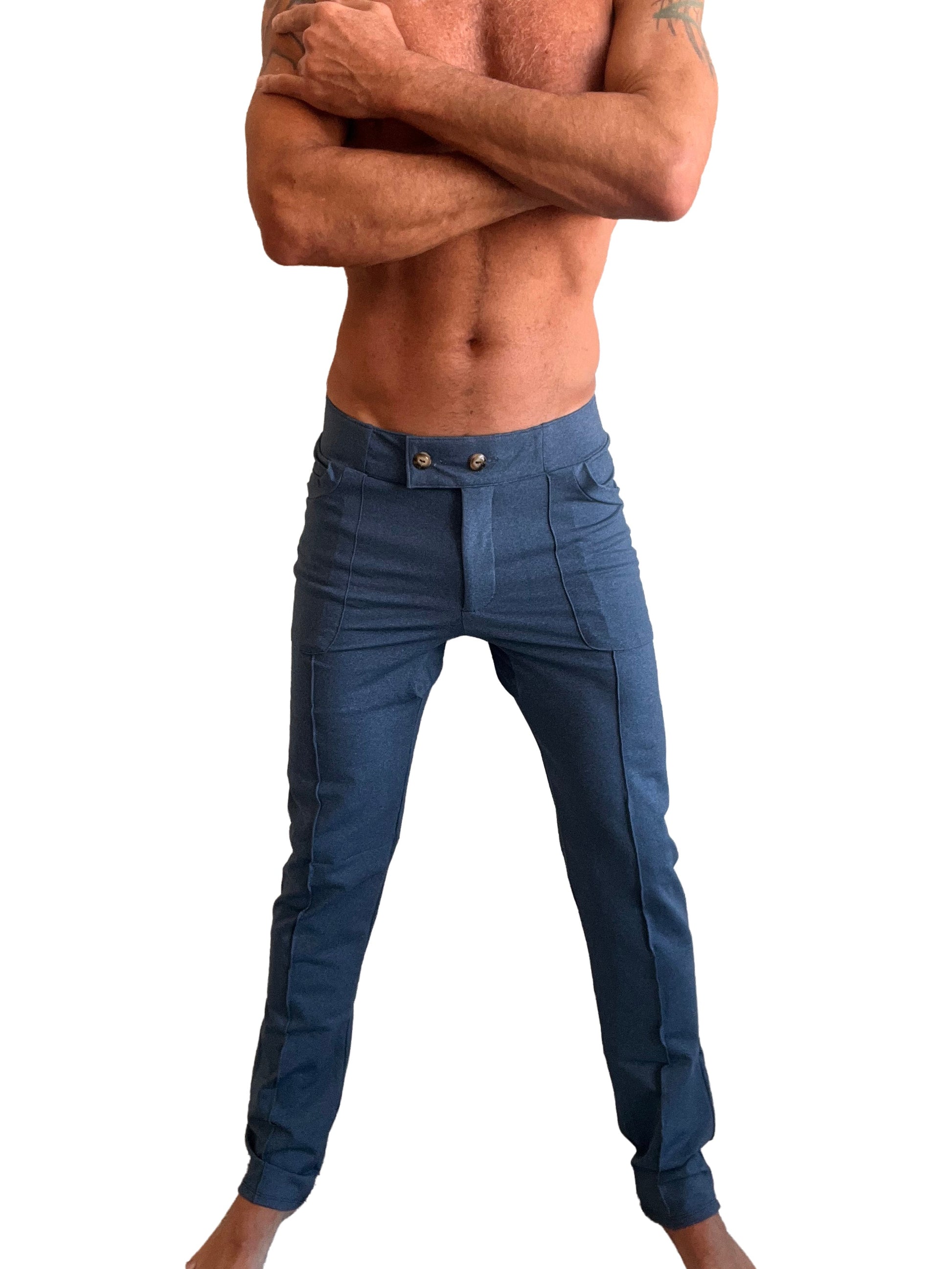 Performance premium tactical urban dress pant in coral blue heather denim with tailored fit and gold-toned buttons at waist