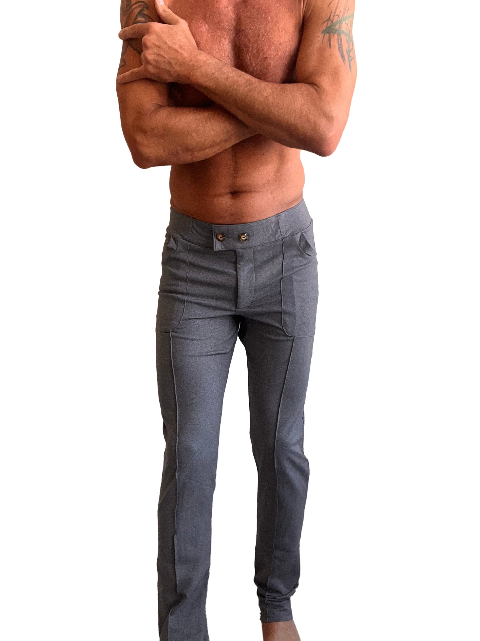 Gray slim-fit performance tactical urban dress trousers with two front pockets and button closures at the waistband