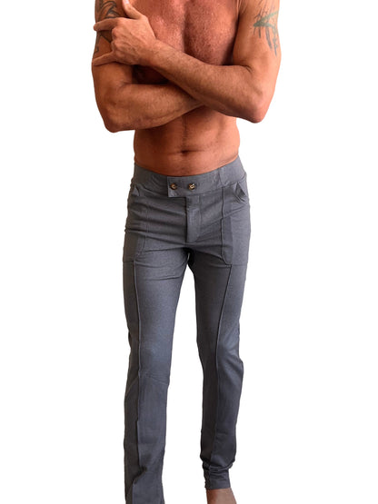 Gray slim-fit performance tactical urban dress trousers with two front pockets and button closures at the waistband