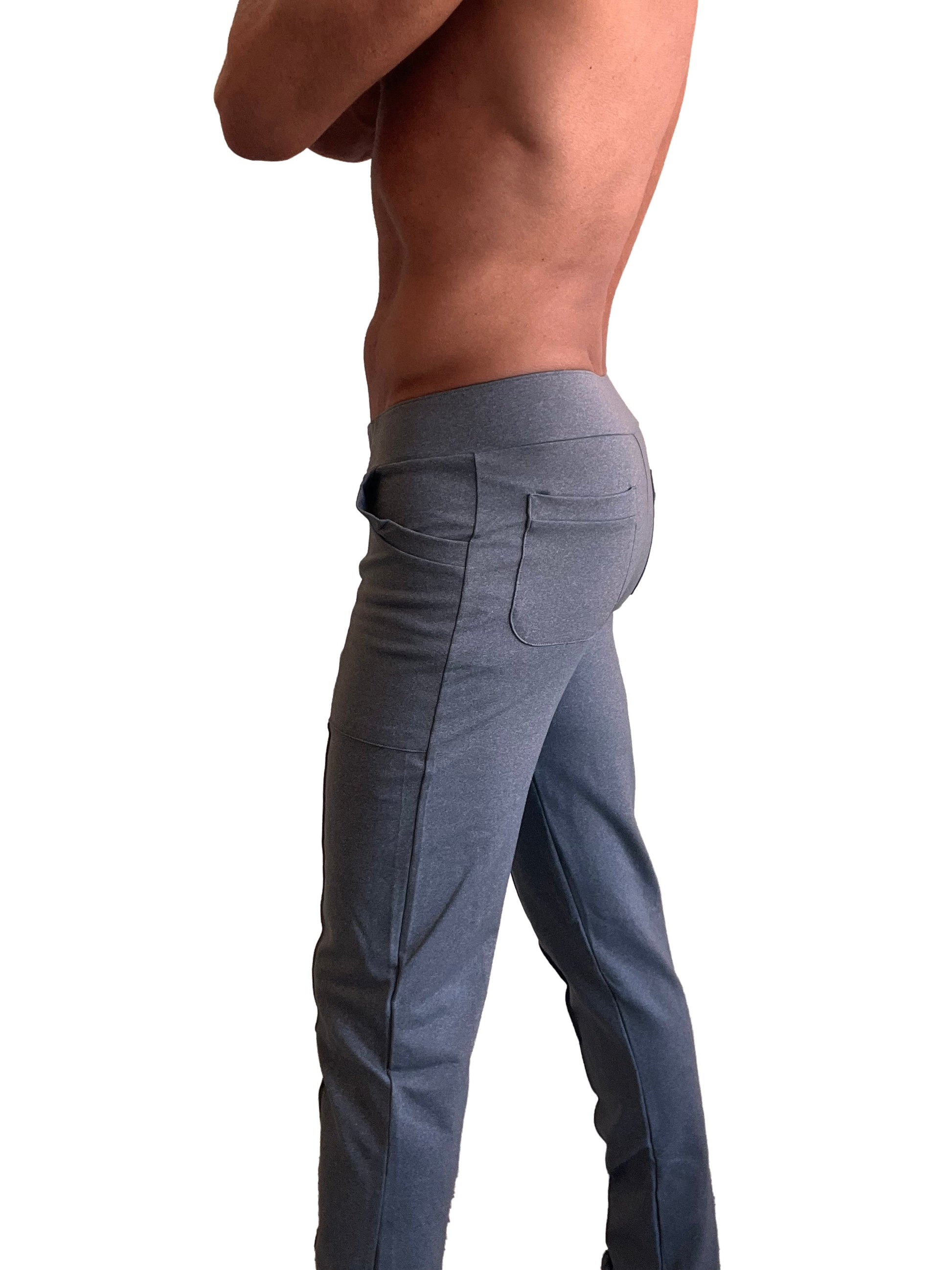 Dark grey heather performance premium tactical urban dress pant yoga pant with fitted waistband and multiple pockets