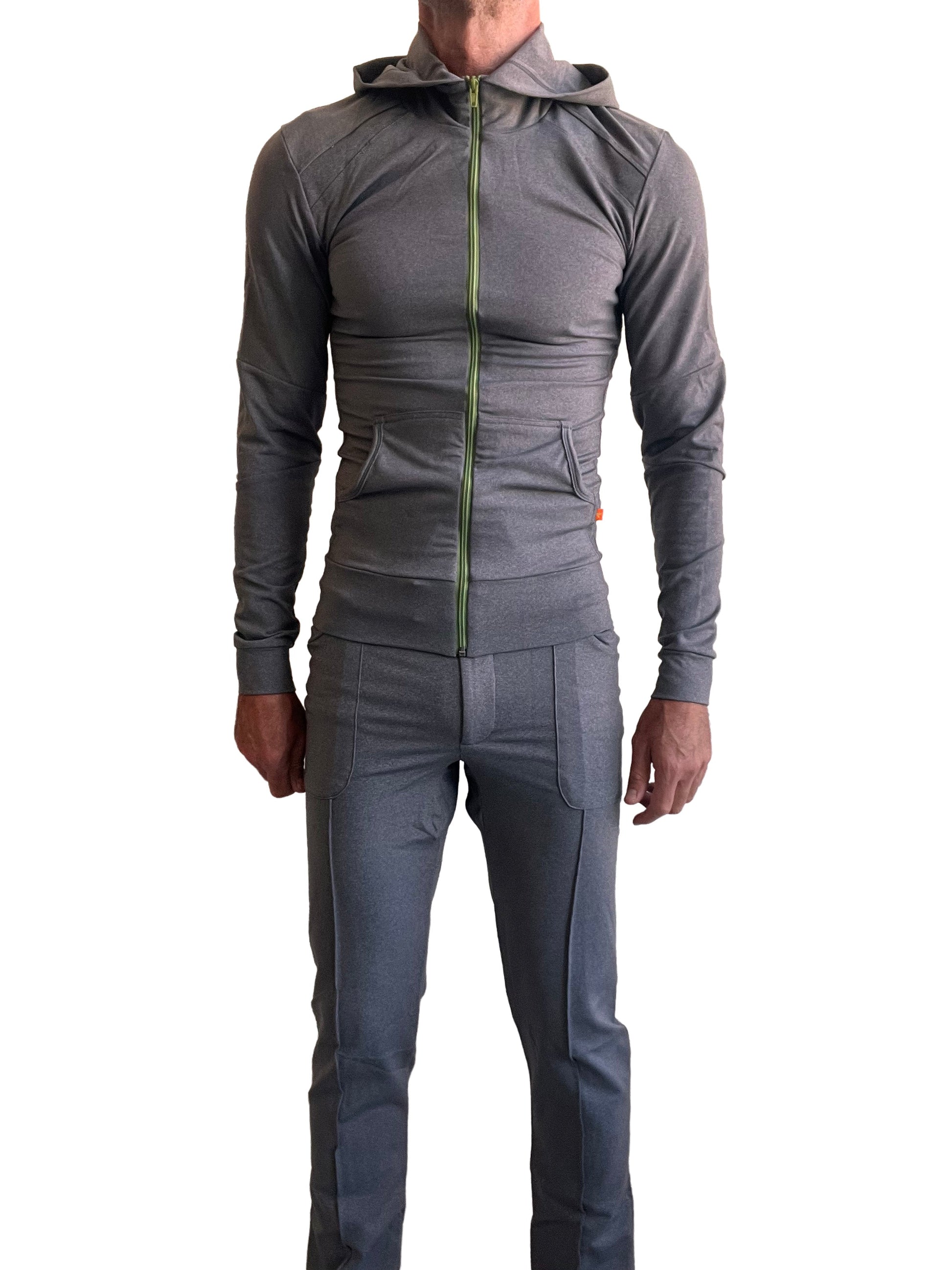 Gray performance hoodie and matching tactical urban dress pants with lime green zipper accent in dark grey heather
