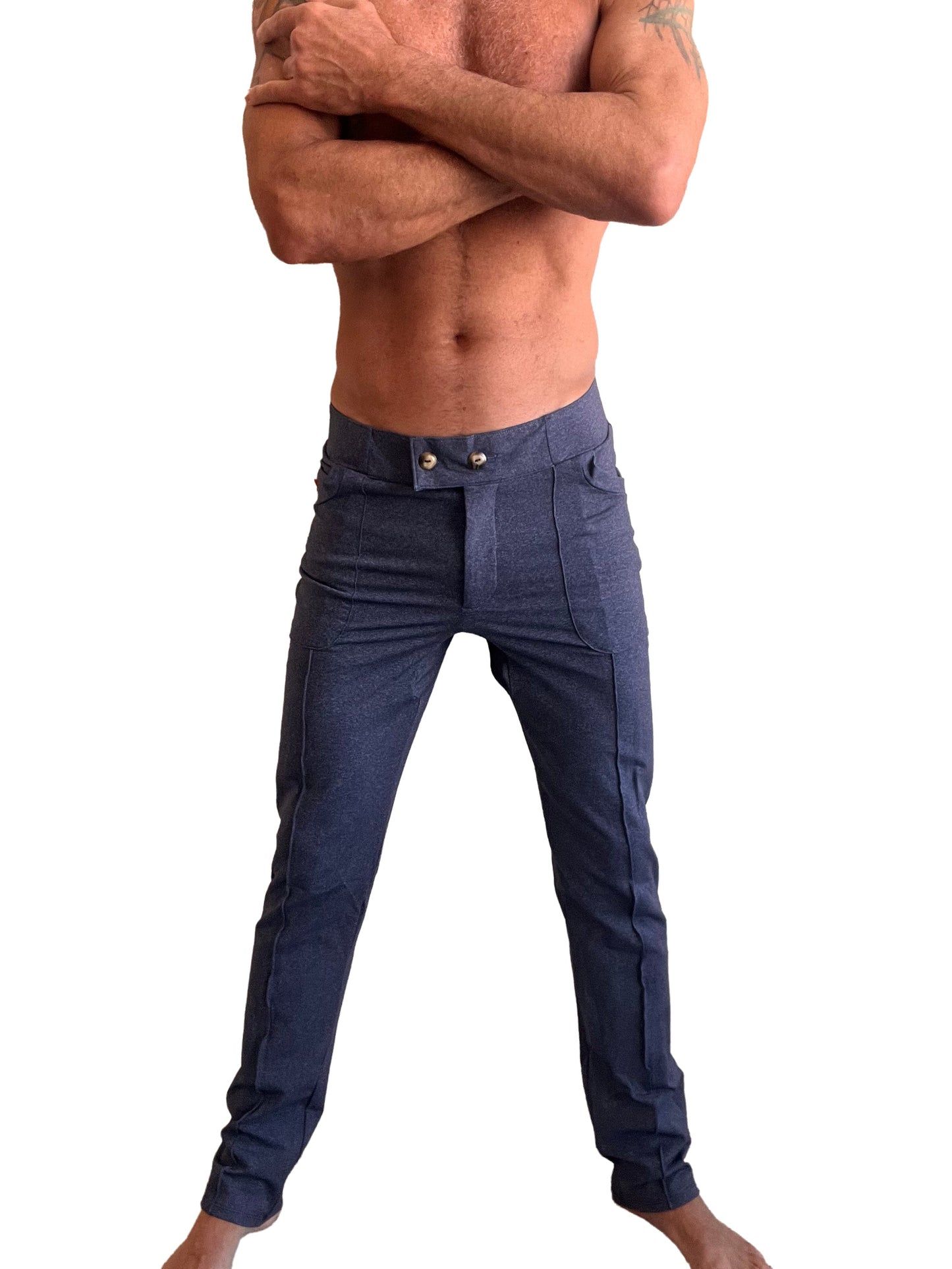 Performance-premium tactical urban dress pant yoga pant in navy blue heather with dark blue slim-fit modern texture