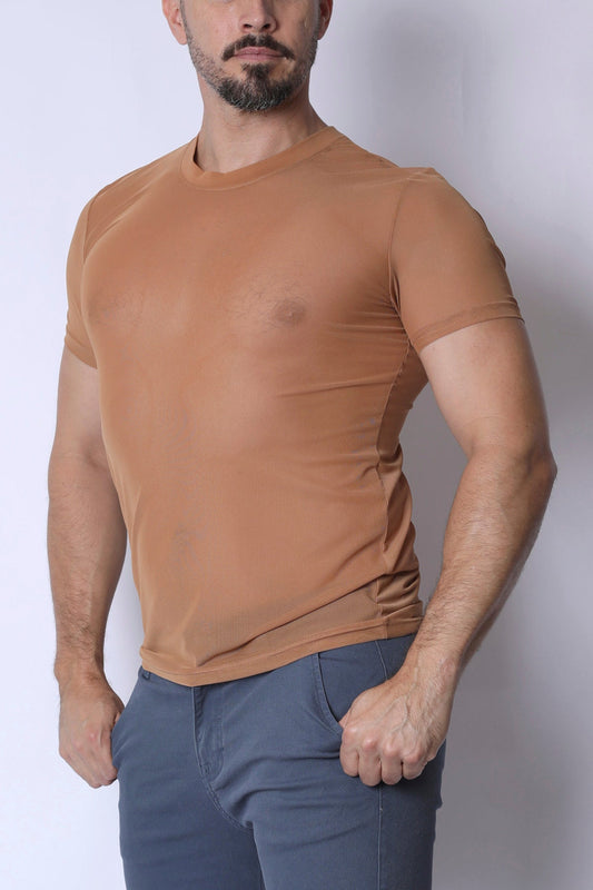 Tan phantom mesh t shirt with a form fitting design short sleeves and a crew neck for activewear use
