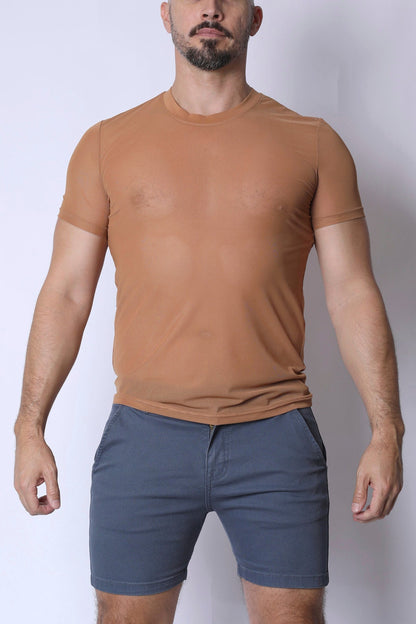 A fitted tan phantom mesh t-shirt with short sleeves and crew neck made from breathable material