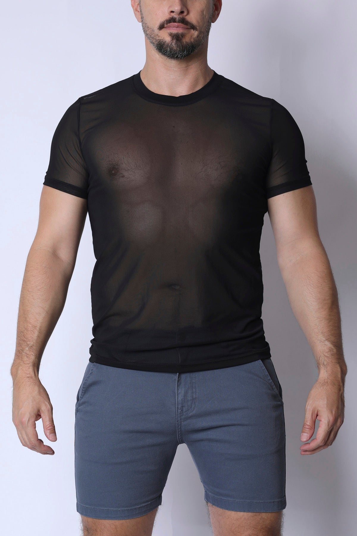 Black sheer mesh short-sleeved phantom mesh t-shirt showcasing lightweight breathable fabric and edgy style
