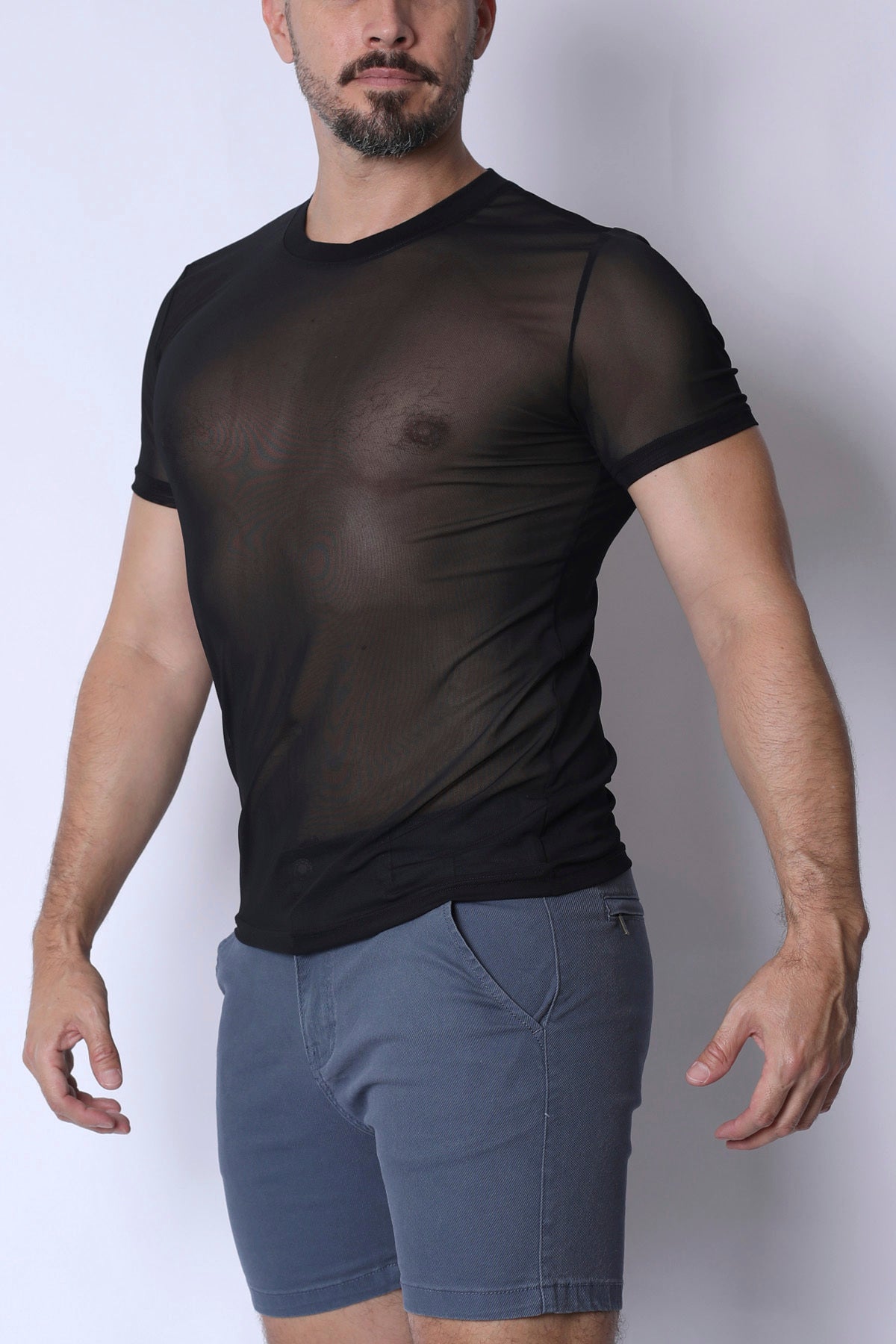 Black sheer mesh short-sleeved phantom mesh t-shirt featuring lightweight breathable fabric for stylish layering