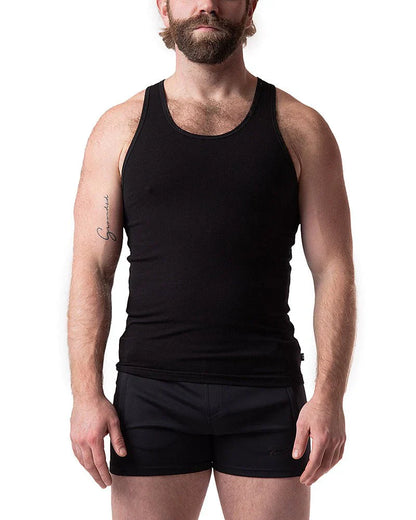 Black ribbed cotton pig rib tank top with simple round neckline for casual wear