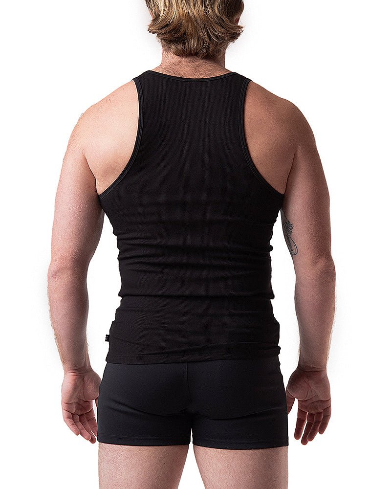 Black ribbed pig rib tank top with a fitted form-fitting design perfect for casual wear