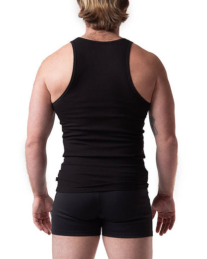 Black ribbed pig rib tank top with a fitted form-fitting design perfect for casual wear