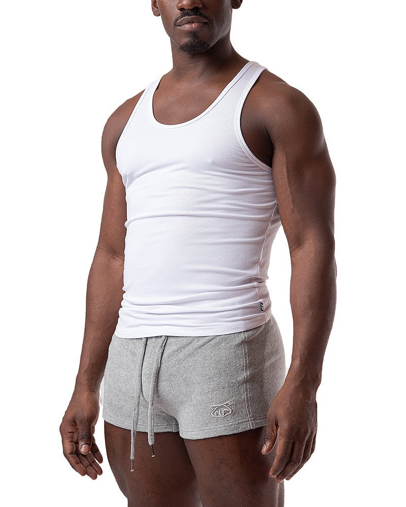 White ribbed cotton pig rib tank top with classic scoop neckline and snug fit