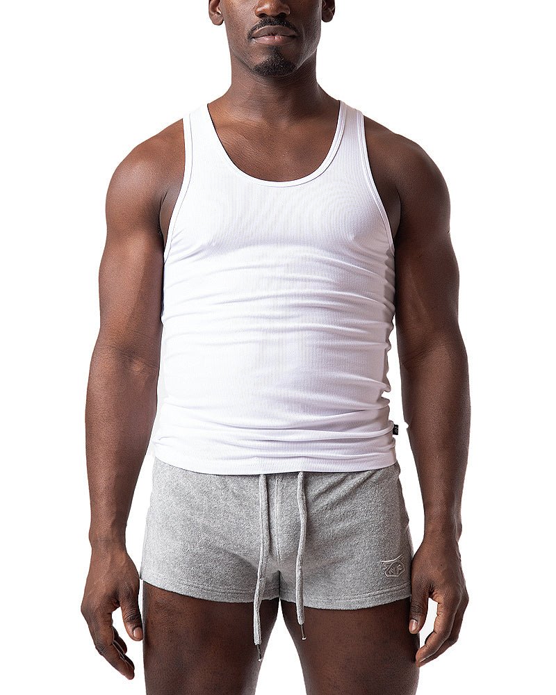 White ribbed cotton pig rib tank top with a classic scoop neckline and sleeveless design