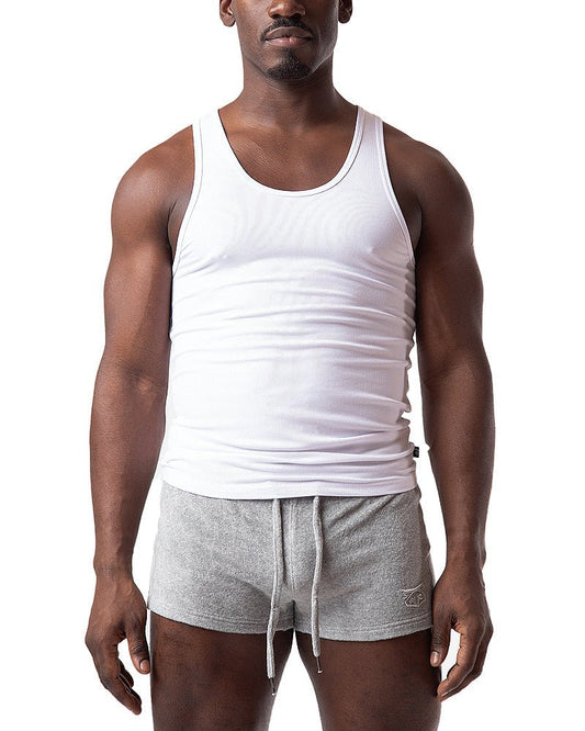 White ribbed cotton pig rib tank top with a classic scoop neckline and sleeveless design