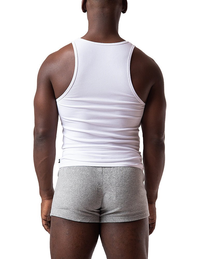 White ribbed cotton pig rib tank top with a fitted athletic cut for activewear and casual use