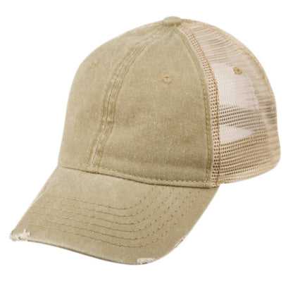 Beige pigment dyed washed cotton trucker cap with distressed look mesh back and stitched detailing shown from back side