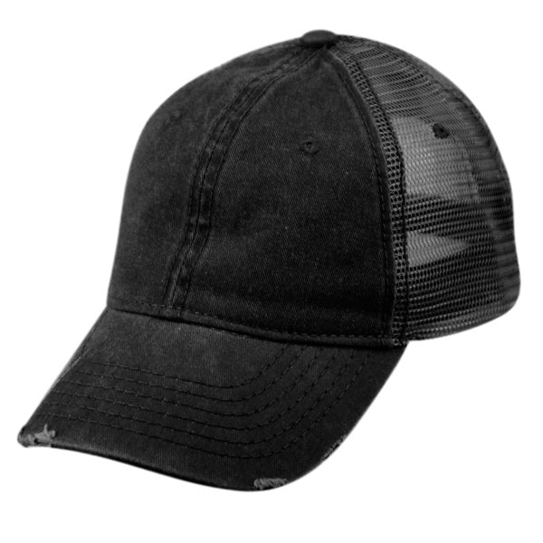 Black distressed denim pigment dyed washed cotton trucker cap with mesh back and frayed brim shown from back side