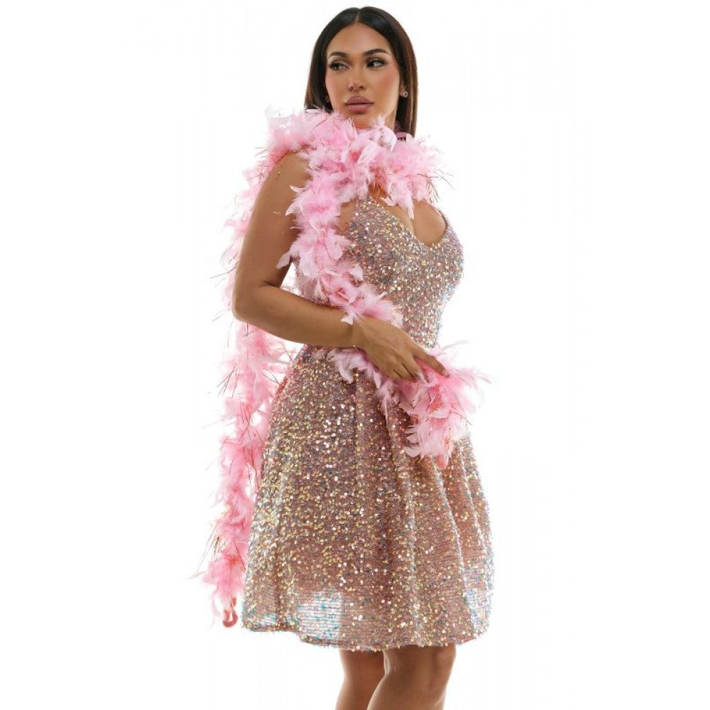 A shimmering rose gold sequined mini dress with a v-neckline and flared skirt paired with a pink feather boa
