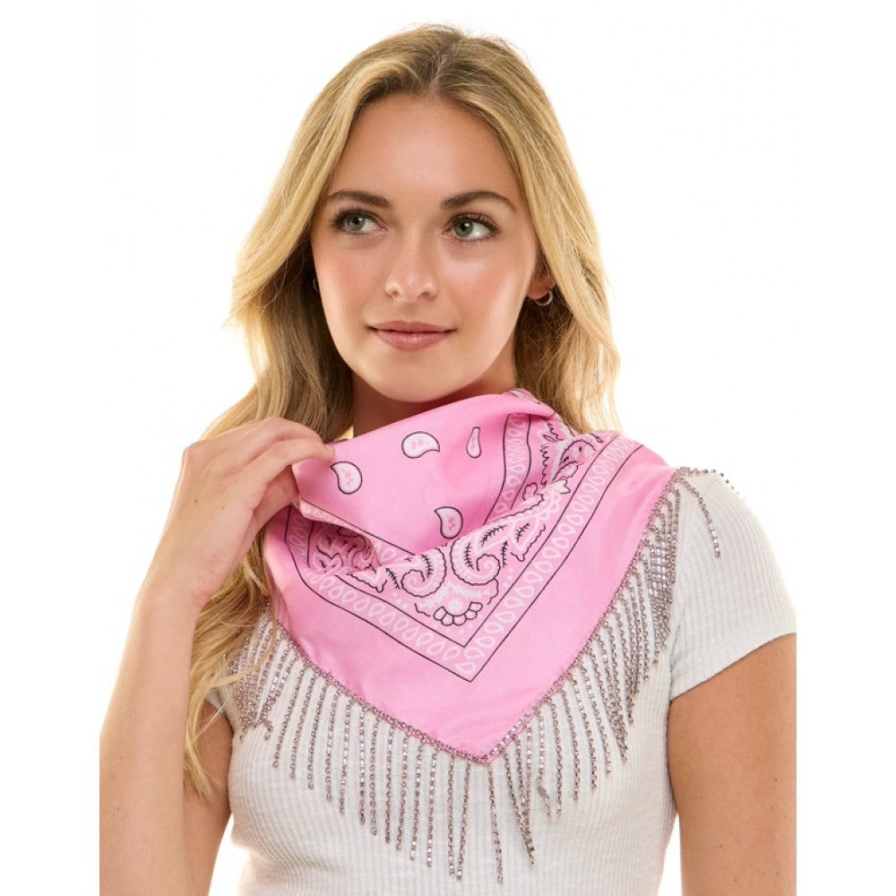 Pink rhinestone fringe bandana featuring a pink bandana with white paisley scrollwork and silver fringe edging