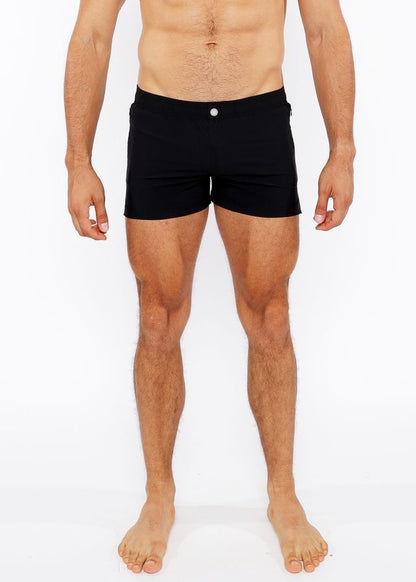 Black pinstripe swim short with a single white button at the waistband made for beach and pool use