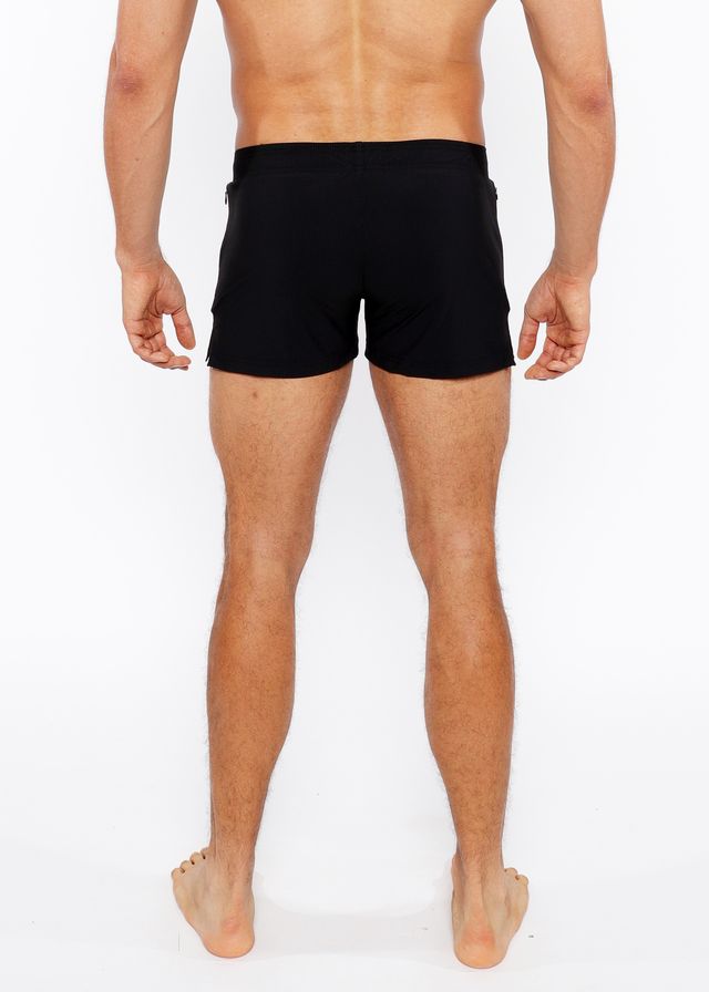Black pinstripe swim short with sleek form-fitting design and subtle side pockets for athletic use