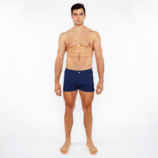 Navy blue pinstripe swim short with a single white button at the waistband for beach and pool use