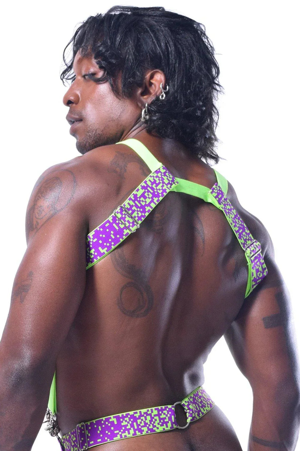 Pixelation harness purple and neon green pixel pattern with adjustable straps for a secure fit