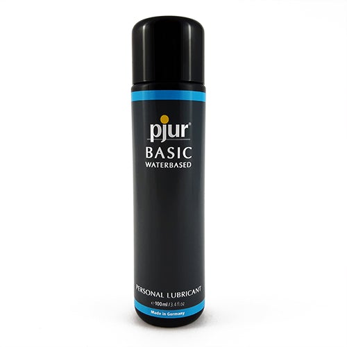 Black cylindrical bottle of pjur basic waterbased personal lubricant with glossy finish and blue accent bands