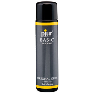 A grey and black 100ml bottle of pjur Basic Silicone personal glide with yellow stripes.