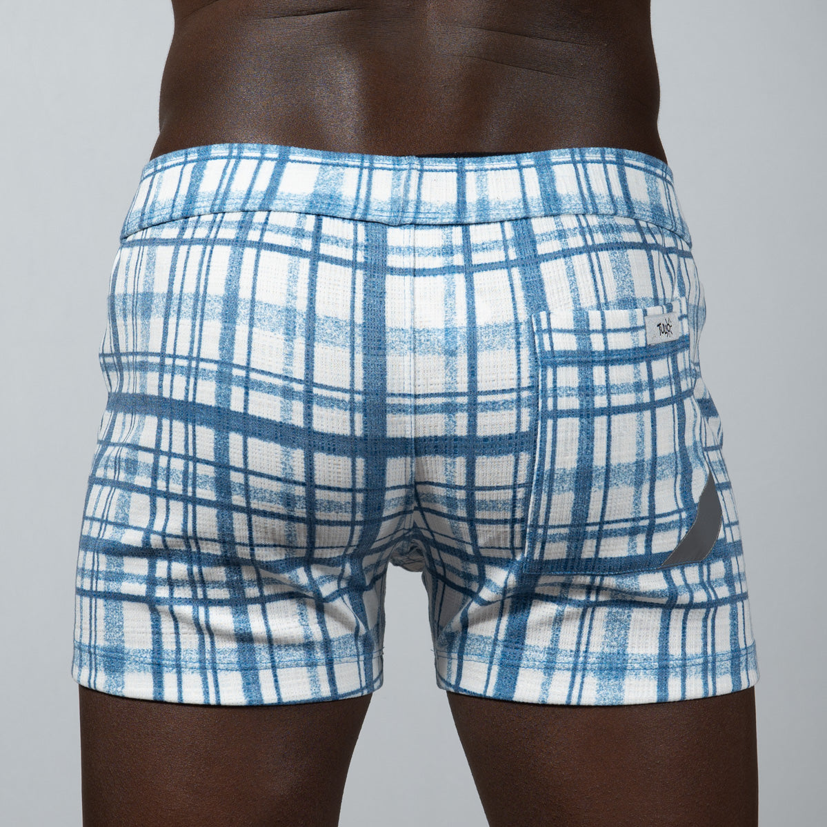Blue and white plaid print linen texture shorts featuring a textured fabric finish for casual wear