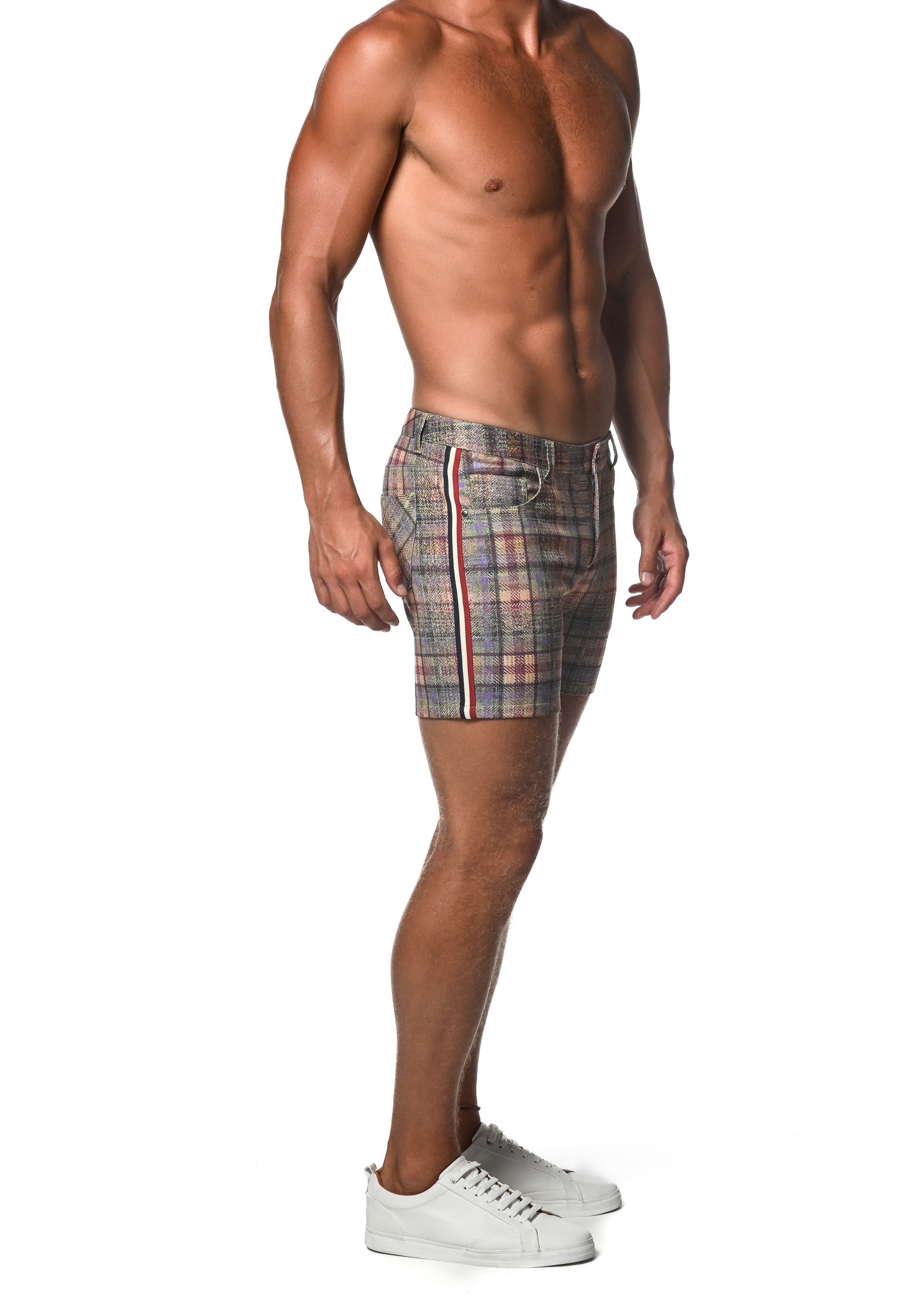 Plaid stretch knit shorts with red white and blue vertical side tape stripes for men