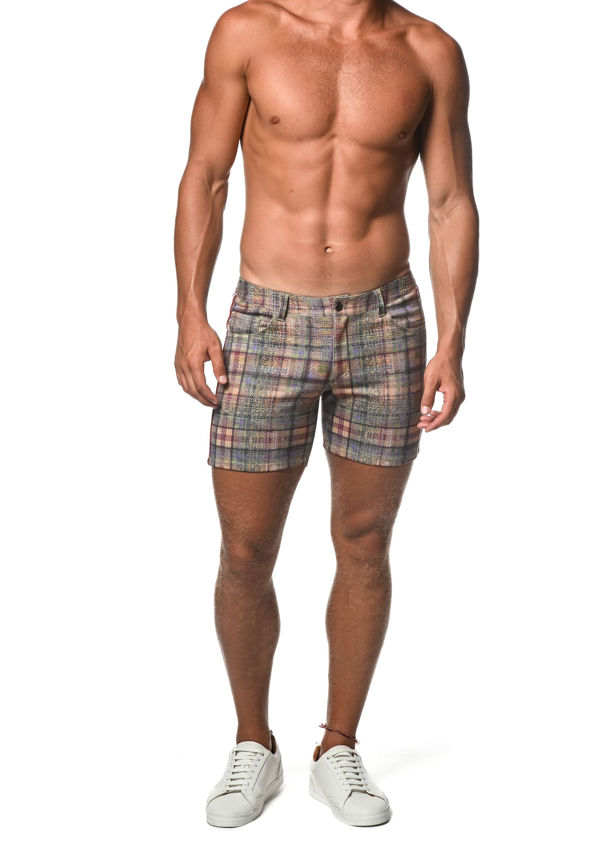 Plaid stretch knit shorts with side tape in muted gray pink and beige tones for men