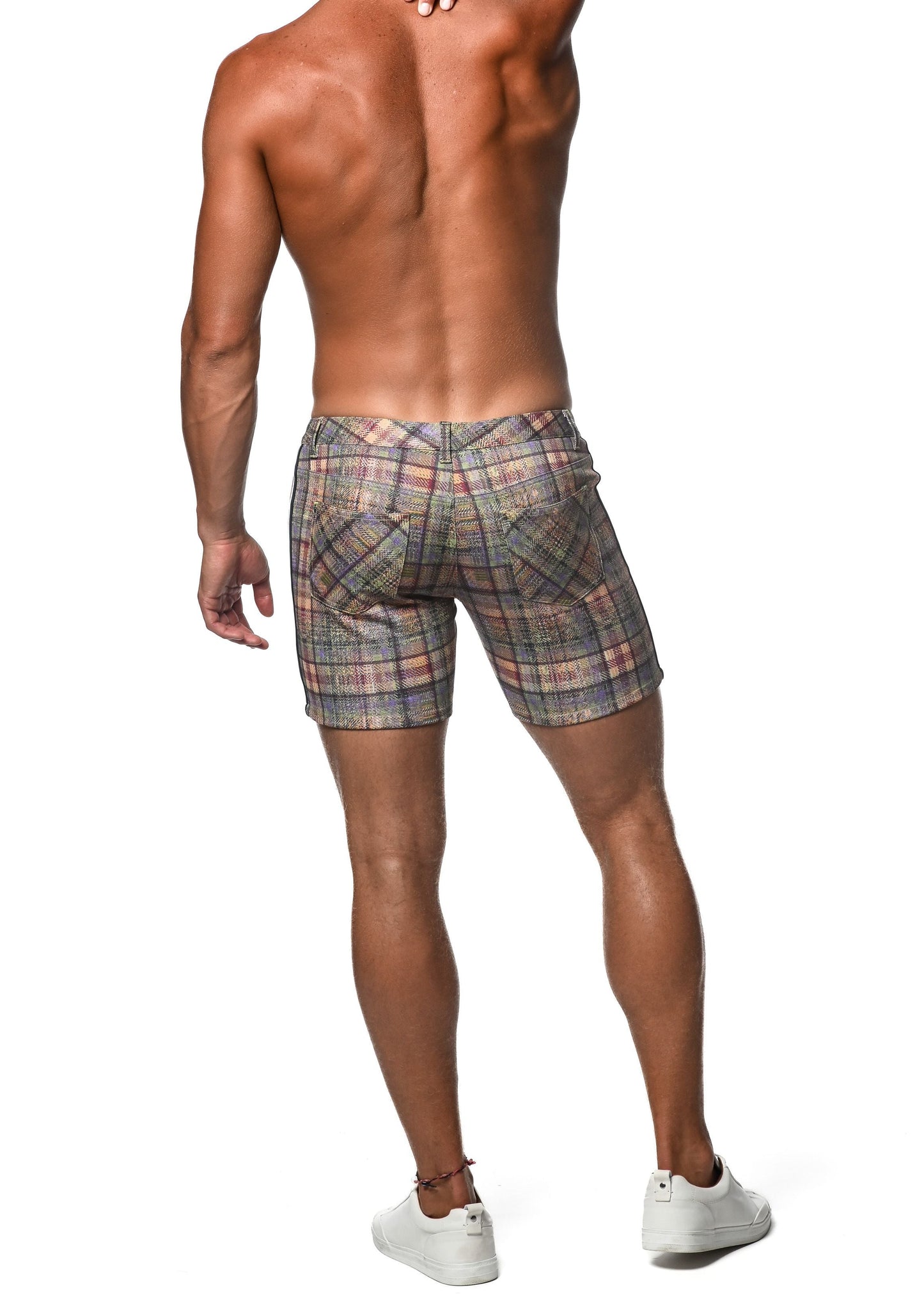 Plaid stretch knit men’s shorts in muted gray beige and pink with side tape detail for casual wear