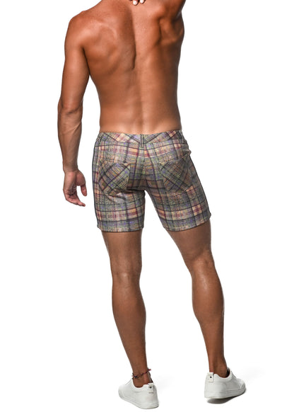Plaid stretch knit men’s shorts in muted gray beige and pink with side tape detail for casual wear