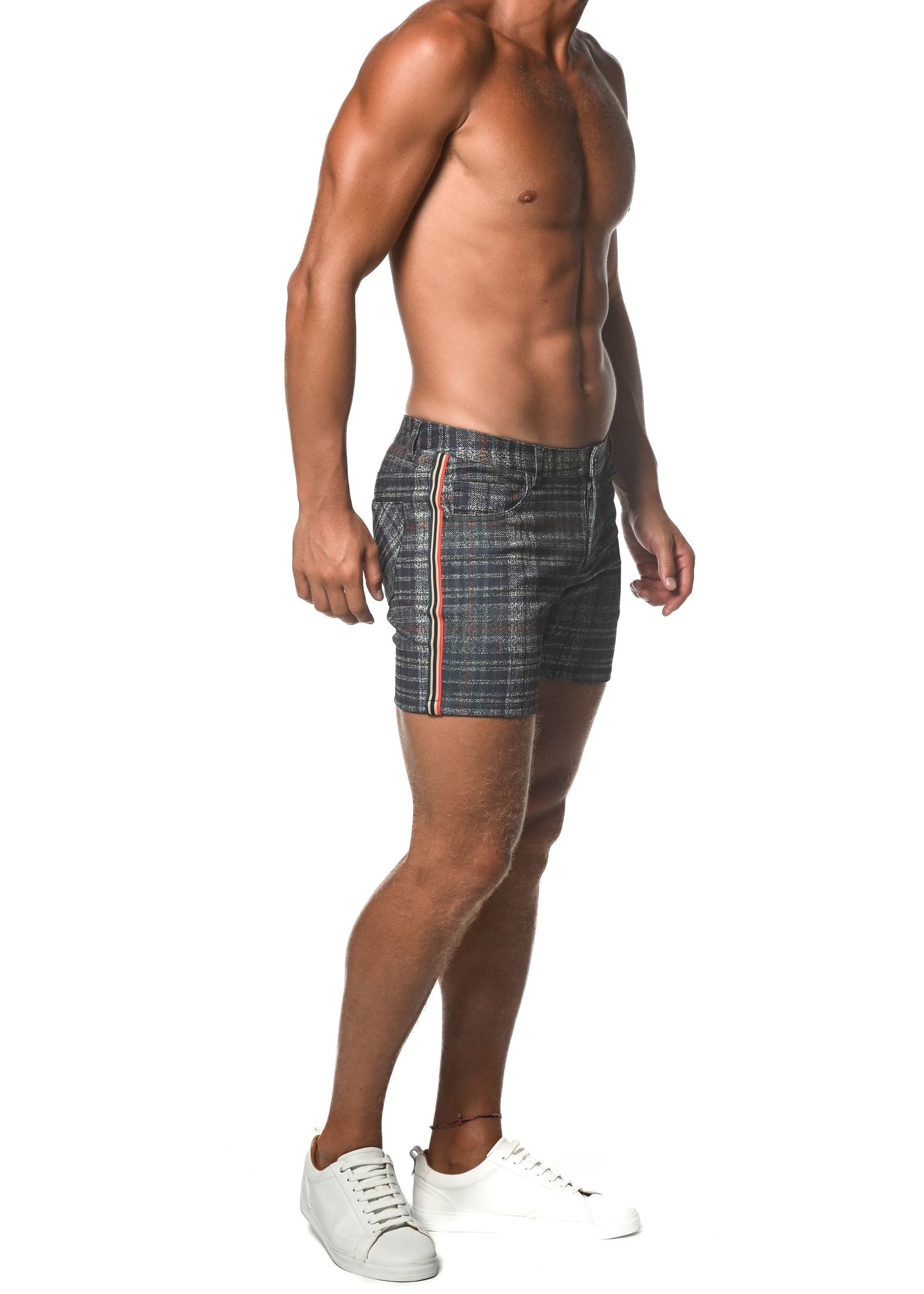 Dark gray plaid stretch knit shorts with a subtle red and white striped side tape panel