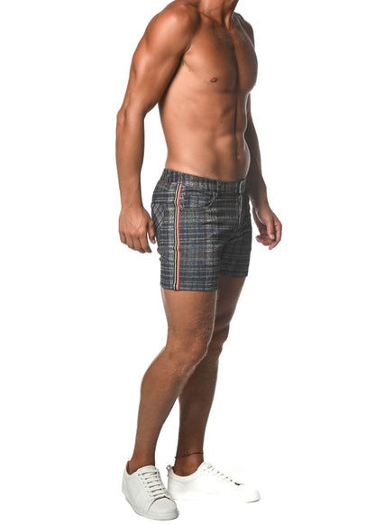 Dark gray plaid stretch knit shorts with a subtle red and white striped side tape panel
