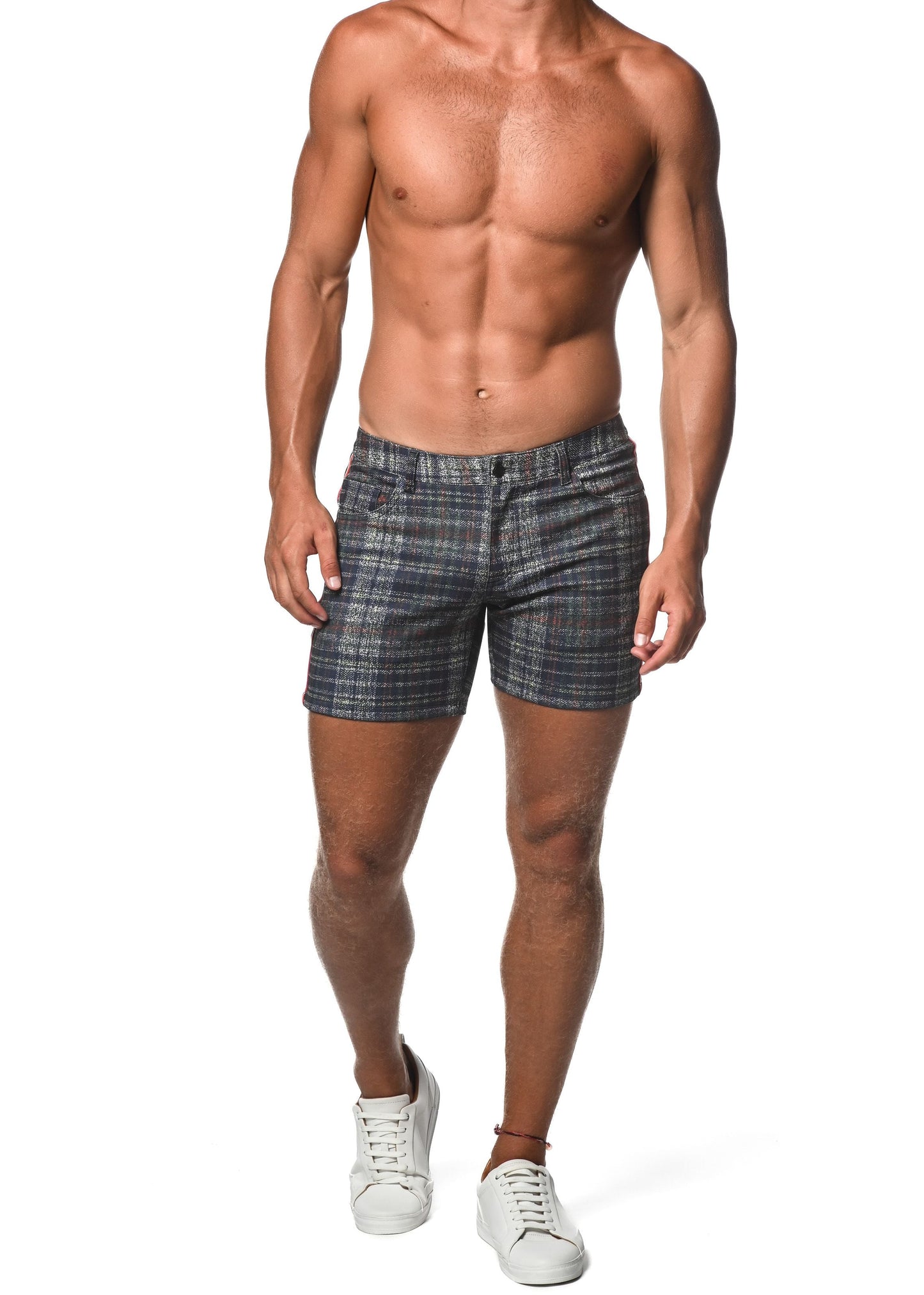 Men’s dark gray and black plaid stretch knit shorts with side tape perfect for casual wear