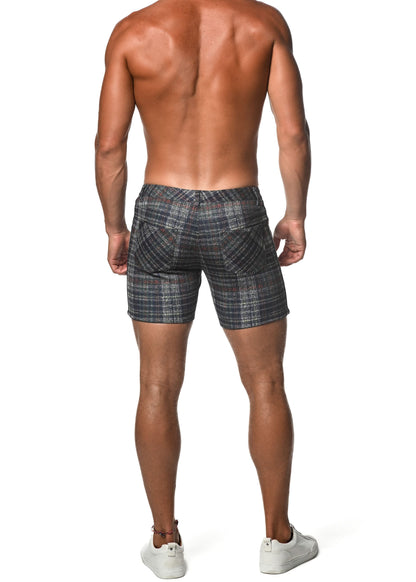 Dark gray plaid stretch knit shorts with tailored fit and two back pockets shown from the back side