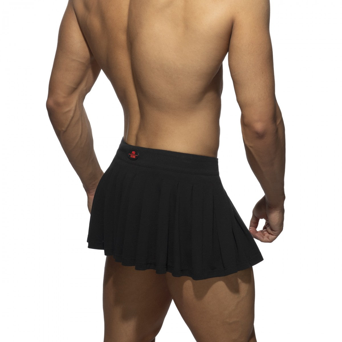 Black pleated ring skirt featuring a red logo on the waistband made from lightweight fabric for stylish wear