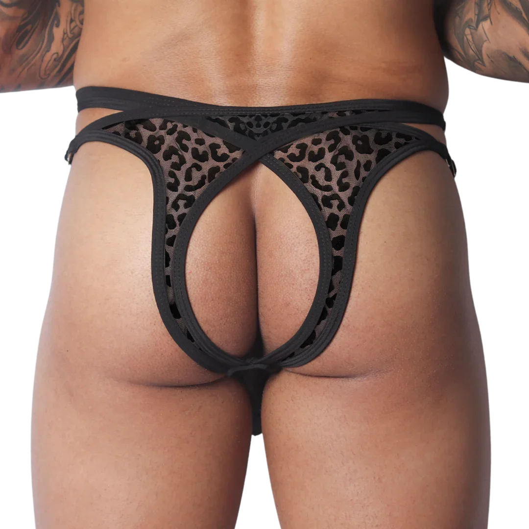Black leopard print mesh jockstrap with a cutout open-back design and thin elastic waistband.