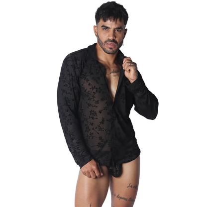 Black long-sleeve button-up shirt in a sheer, floral-patterned fabric with a classic collar.