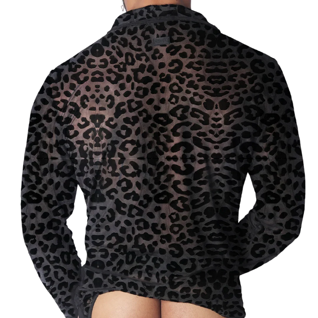 Black sheer long-sleeve Gigo plush shirt featuring a dark grey animal leopard print pattern.